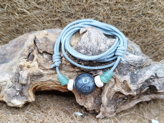 Marmor, Kokos & Aventurin Perlen mit Ziegenlederband